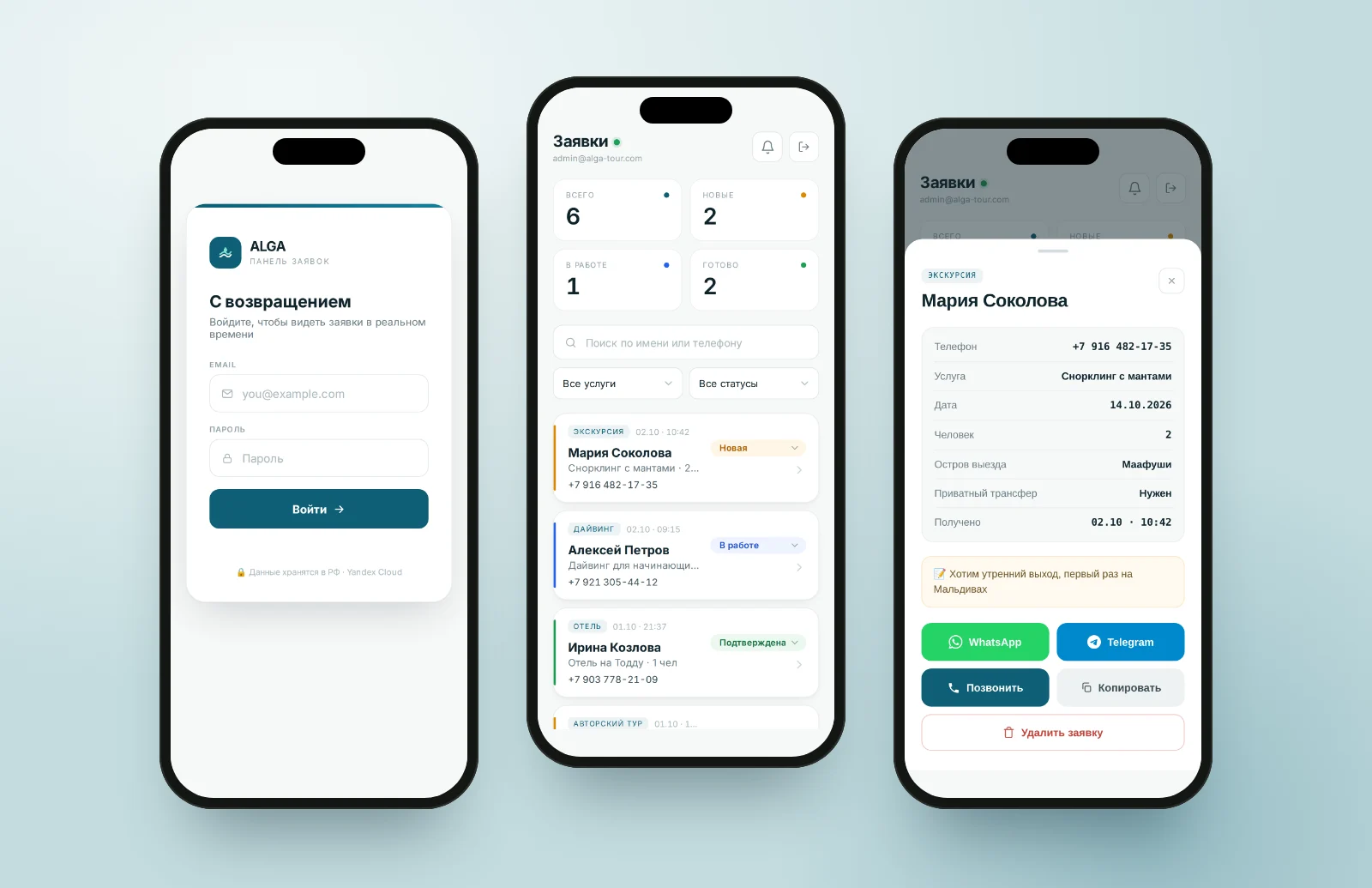 PWA-админка ALGA на трёх iPhone: экран входа, список заявок со сводкой и фильтрами, карточка заявки с кнопками WhatsApp, Telegram и звонка